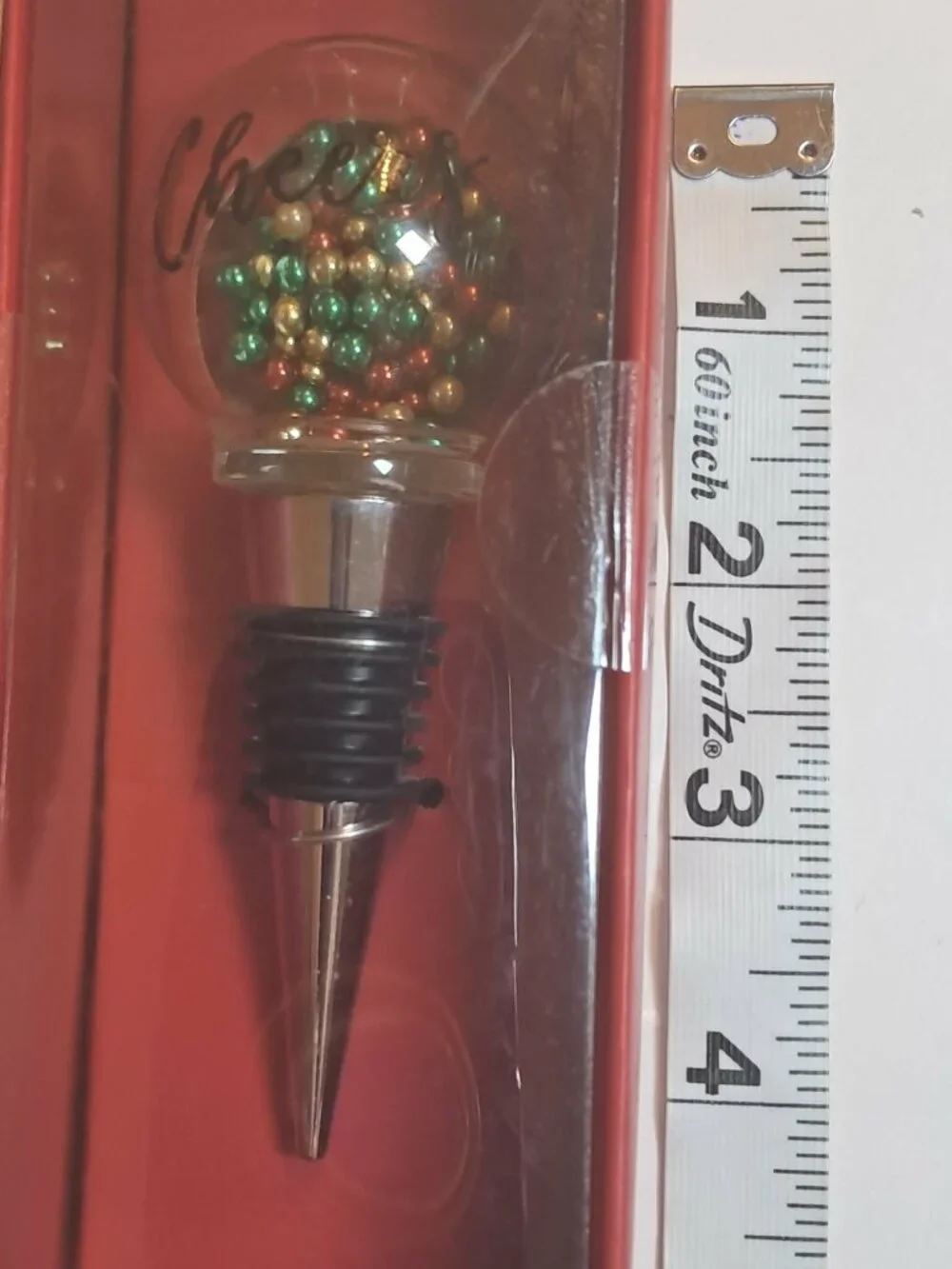 Holiday Cheers Bottle Stopper Red Green Gold Beaded Glass